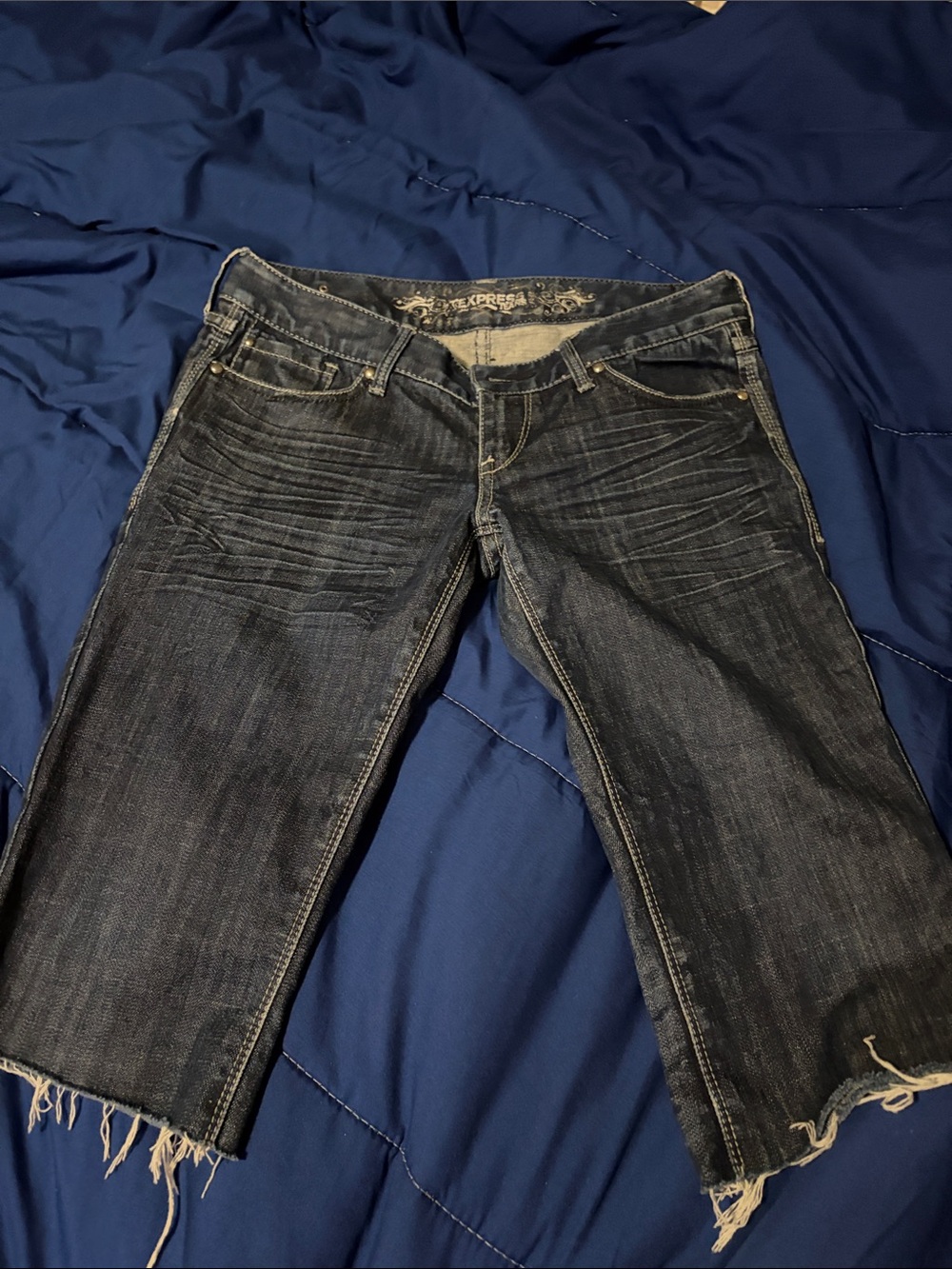 Express Dark Blue Distressed Cropped Jeans